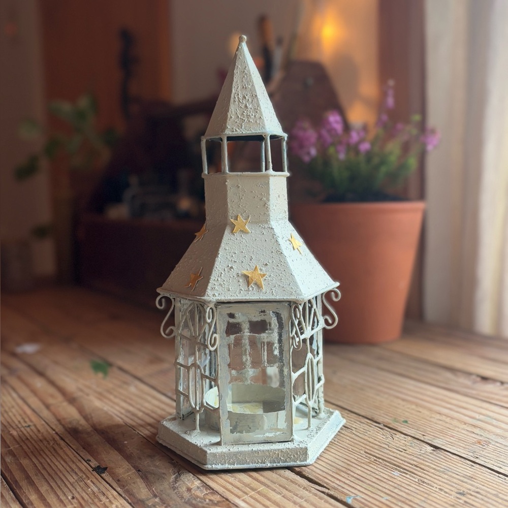 Handcrafted Cream Tea Light Lantern with Star Accents